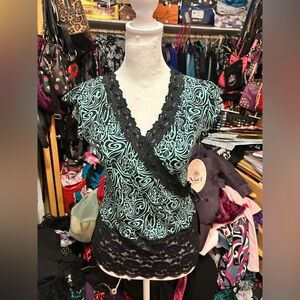 Elegant Black and Mint Swirl Lace Blouse